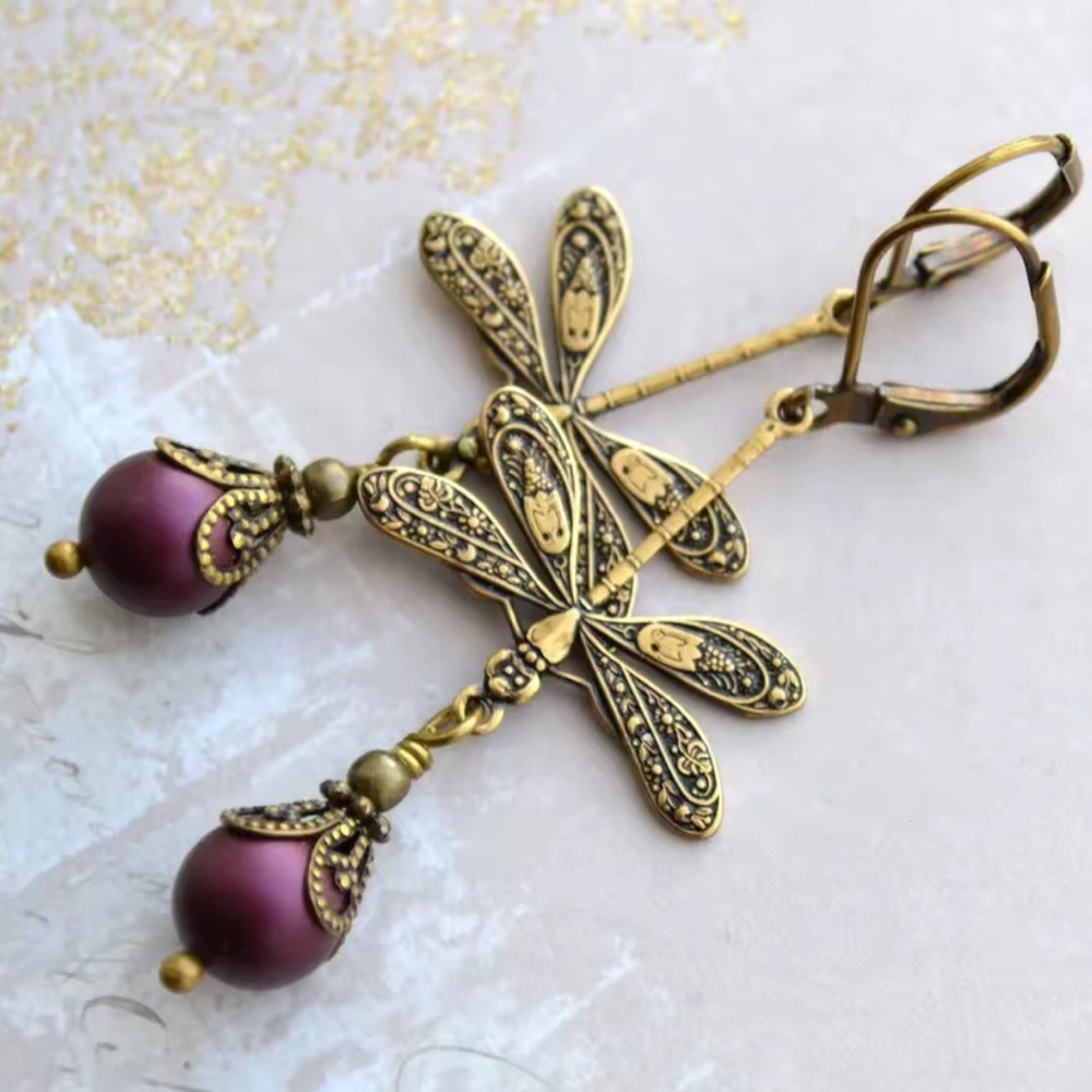 New  Dragonfly Drop Earrings – Vintage Bronze Jewelry with Purple Beads